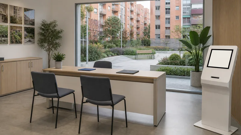 Oficina genérica y vacía de atención social con mostrador, sillas y un patio de vivienda pública al fondo