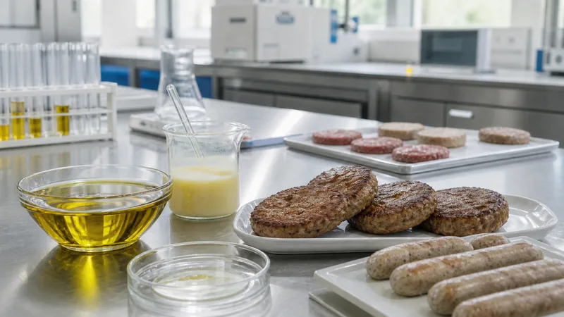 Laboratorio alimentario genérico con hamburguesas, embutidos, aceite de oliva y una emulsión