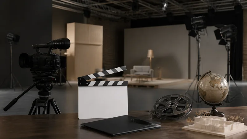 Plató cinematográfico genérico y vacío con cámara sin marca, claqueta en blanco, focos y un pequeño decorado