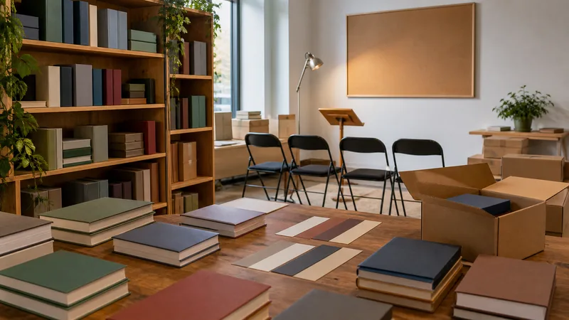 Espacio editorial y de lectura genérico y vacío con libros sin título, cajas, sillas y un atril