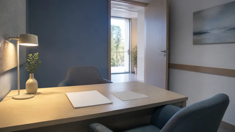 Oficina de atención genérica y vacía con mesa, dos sillas, documentos en blanco y una puerta abierta