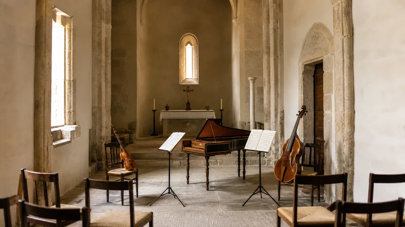 Interior genérico de una iglesia histórica preparado para un concierto de música barroca