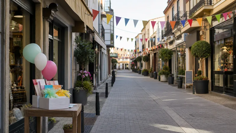 Calle comercial genérica decorada para una jornada familiar de promoción del comercio local