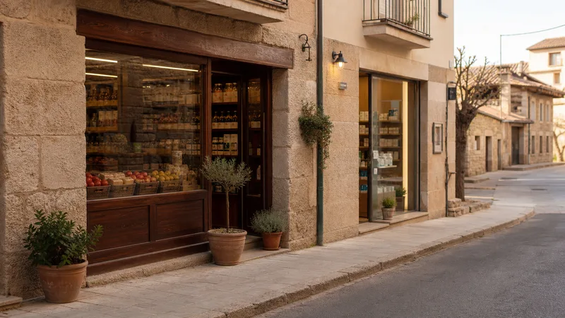 Calle genérica de un pequeño pueblo madrileño con tienda de alimentación y farmacia abiertas