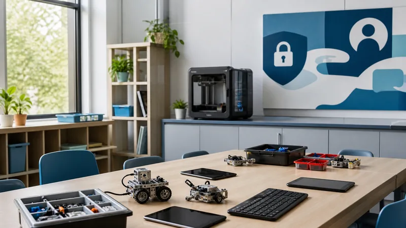 Aula tecnológica genérica y vacía con kits de robótica, tabletas, teclado e impresora 3D