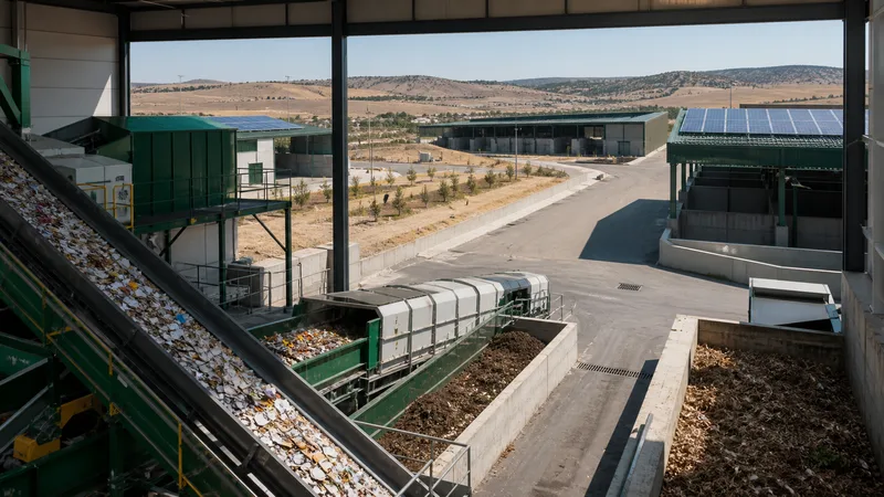Complejo de reciclaje genérico y vacío con cintas de clasificación, naves y paneles solares