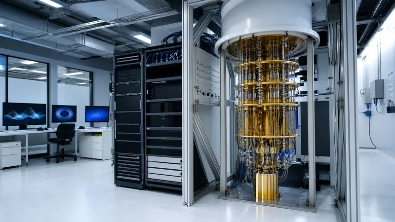Laboratorio universitario genérico y vacío con un criostato cuántico dorado y equipos de control