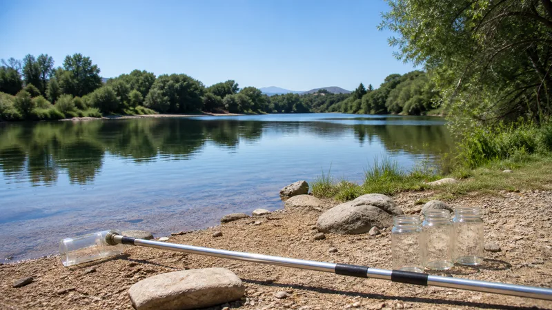 Zona natural de baño genérica con una pértiga de muestreo y frascos sin etiqueta junto al agua
