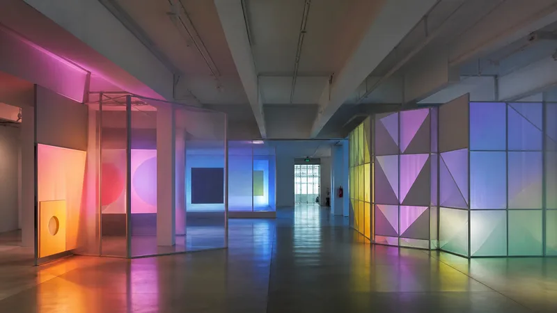 Galería contemporánea genérica y vacía con una instalación original de paneles translúcidos y luz de colores