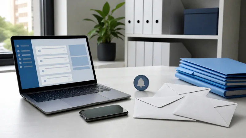 Escritorio administrativo genérico y vacío con portátil, móvil, sobres sin datos y una interfaz abstracta de avisos