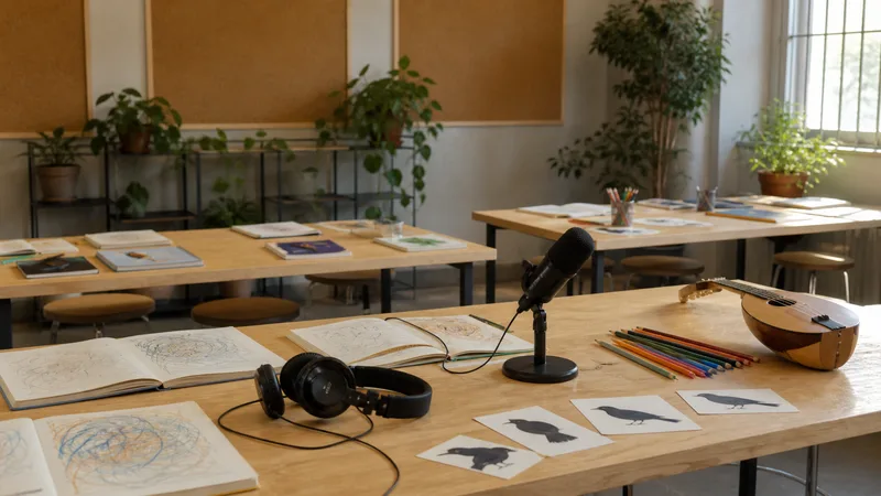 Aula-taller genérica y vacía con micrófono, auriculares, cuadernos, fichas de aves e instrumento musical