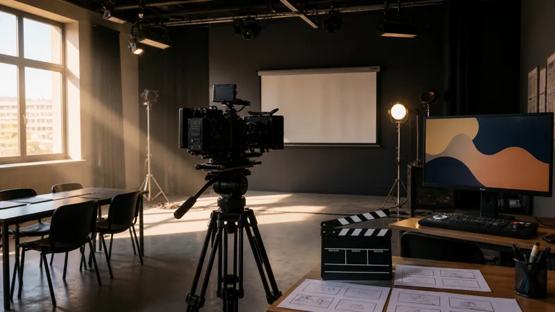 Aula audiovisual genérica y vacía con cámara de cine, focos, pantalla y mesa de montaje