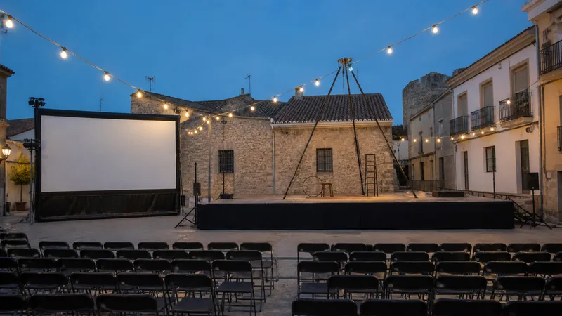 Plaza genérica y vacía de un municipio madrileño con escenario, pantalla de cine y sillas preparadas al anochecer