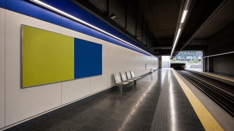 Andén de Metro genérico y vacío con un panel abstracto de dos colores y un estadio lejano sin marcas