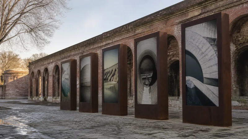 Exposición genérica y vacía de grandes paneles con imágenes abstractas de presas junto a una infraestructura de ladrillo