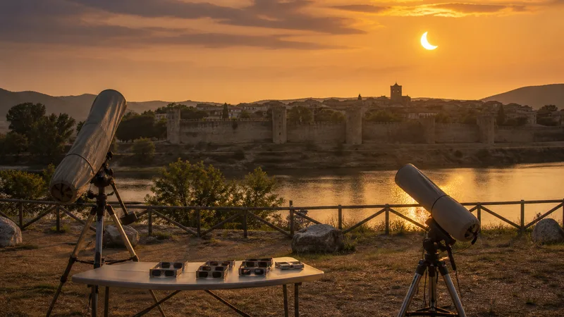 Eclipse parcial genérico al atardecer sobre un recinto de observación vacío junto a una villa amurallada