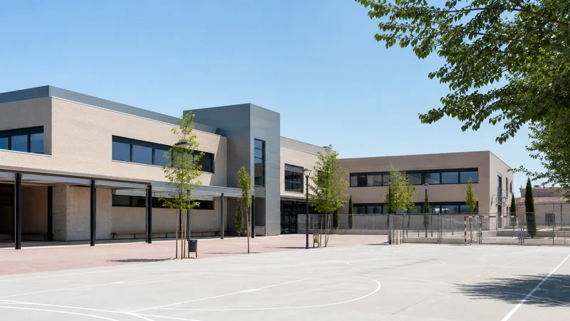 Exterior genérico de un instituto público moderno con patio vacío y vegetación joven