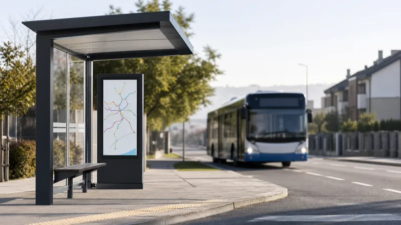 Marquesina genérica y accesible con una pantalla que muestra un mapa abstracto junto a un autobús desenfocado