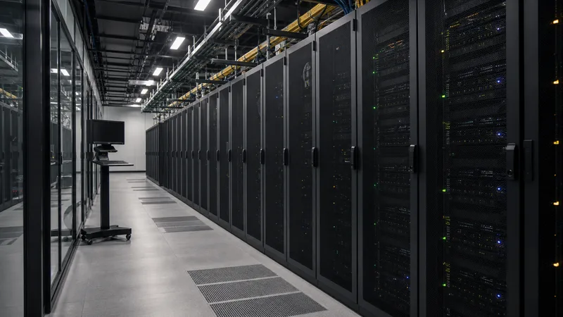 Centro de datos genérico con filas de servidores y una consola sin información visible