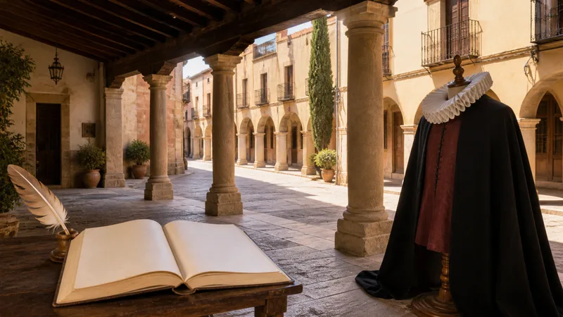 Patio histórico genérico y vacío con libro en blanco, pluma, capa y gorguera en un maniquí sin rostro
