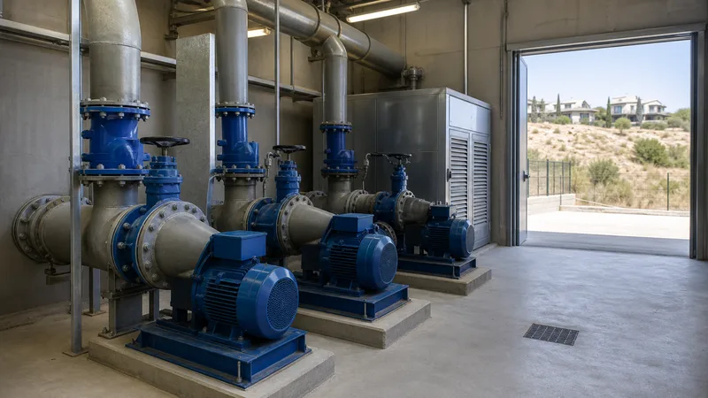 Estación de bombeo genérica y vacía con tres bombas azules y tuberías junto a una urbanización elevada