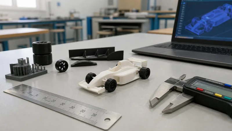 Prototipo escolar genérico de monoplaza a pequeña escala junto a una regla, un calibre y un portátil con un modelo tridimensional
