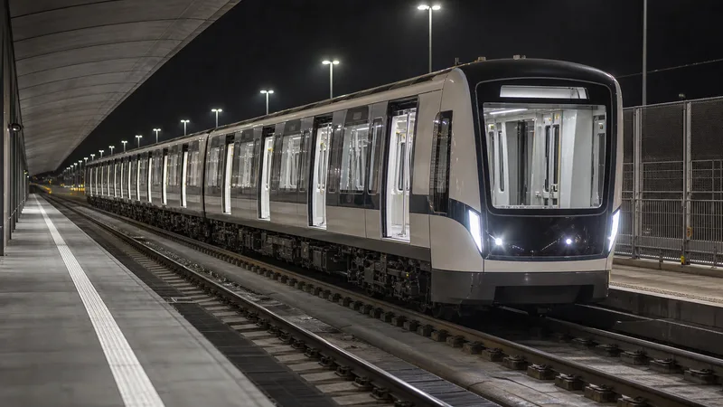 Tren de metro moderno y genérico durante una prueba nocturna en una vía vacía