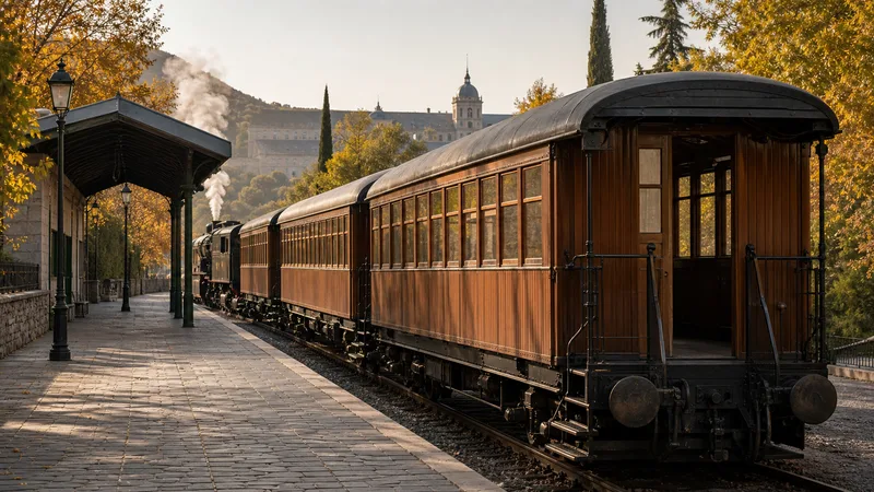 Tren histórico genérico detenido en una estación junto a un paisaje monumental madrileño