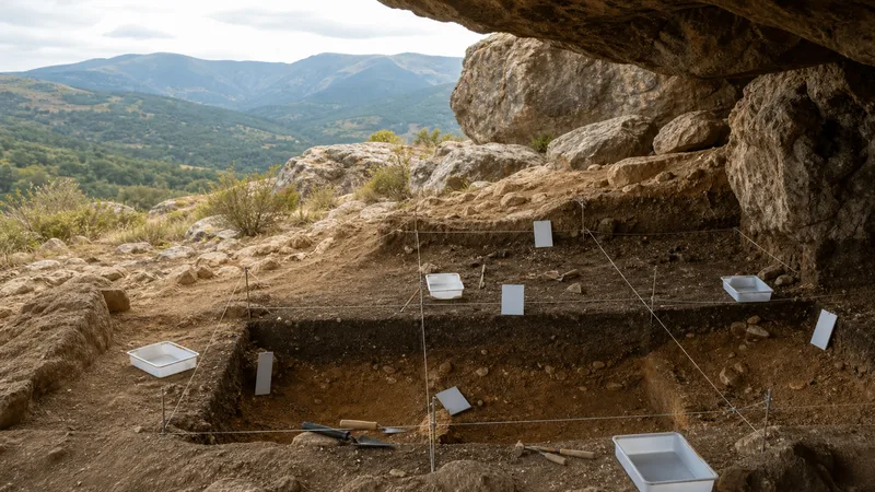Excavación paleolítica genérica delimitada por cuadrículas dentro de un abrigo rocoso serrano