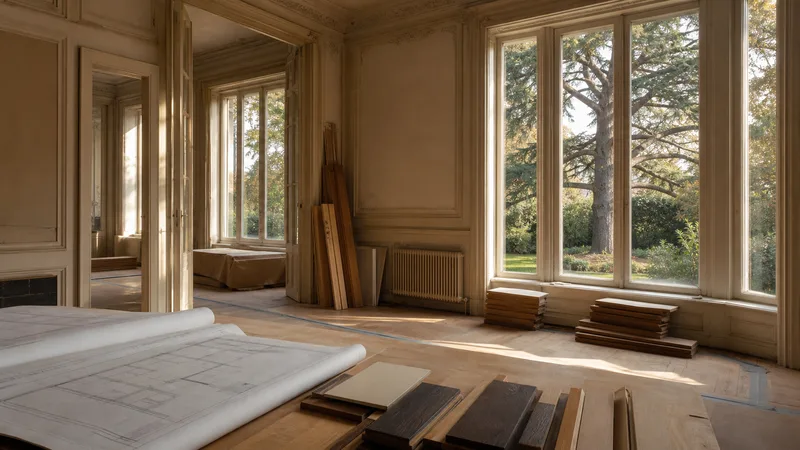 Interior genérico de una casa histórica en restauración con planos y muestras de madera frente a un jardín con un gran cedro