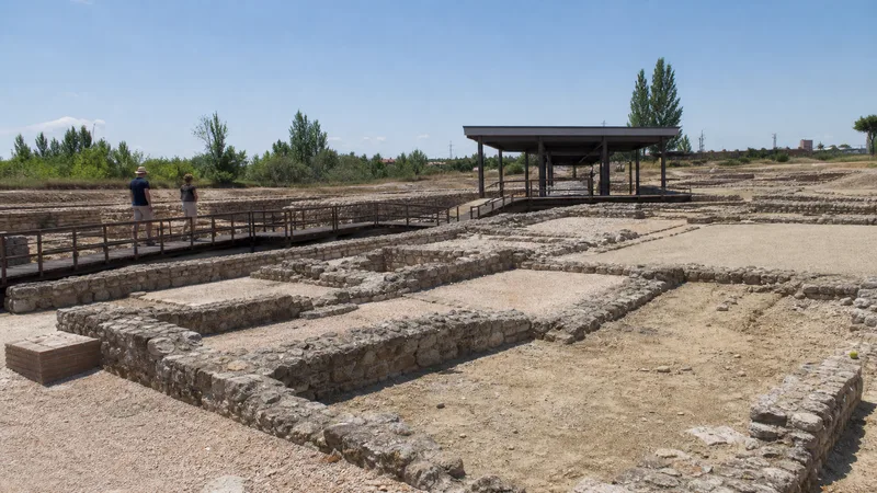 Muros bajos, estancias excavadas y pasarelas del yacimiento romano de Complutum