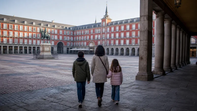 Una persona adulta y dos menores recorren de espaldas la Plaza Mayor