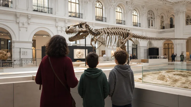 Una persona adulta y dos menores observan un esqueleto de dinosaurio