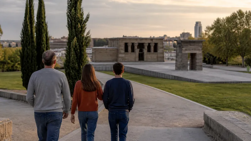Una persona adulta y dos adolescentes caminan de espaldas hacia el Templo de Debod