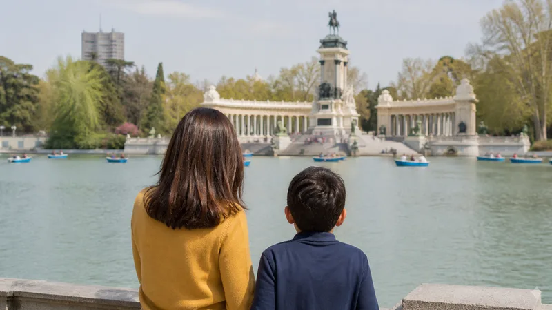 Una persona adulta y un menor observan de espaldas el Estanque del Retiro