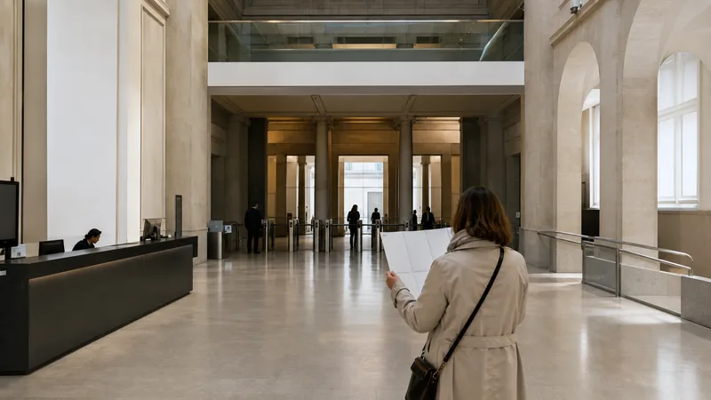 Vestíbulo de acceso a un gran museo con control de entrada y visitantes orientándose