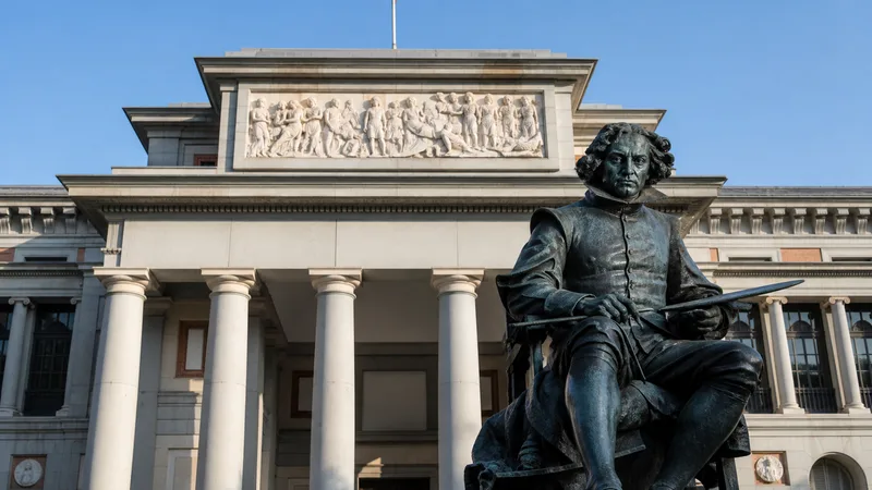 Fachada de Goya del Museo del Prado con la estatua en primer término