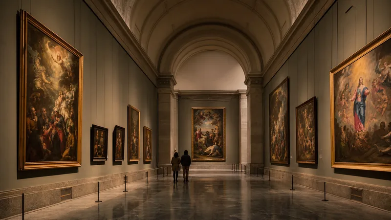 Galería histórica de museo con pinturas de maestros antiguos y visitantes distantes