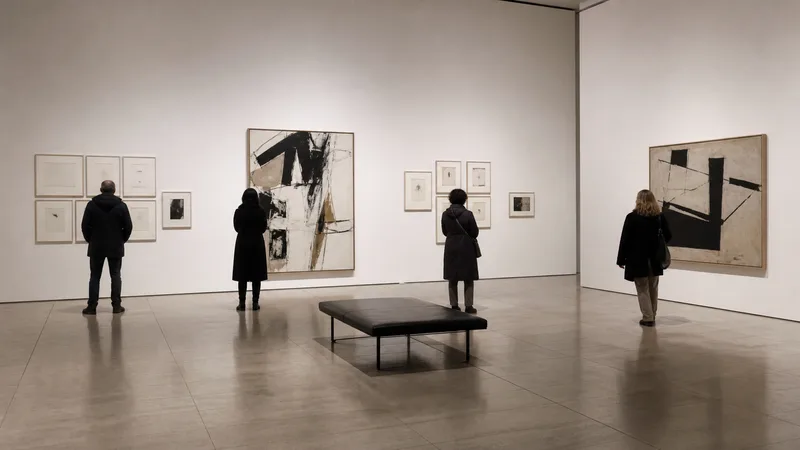 Galería contemporánea de museo con obras abstractas no identificables y visitantes distantes