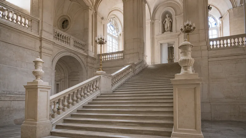 Gran escalera palaciega de mármol con bóveda decorada y luz natural