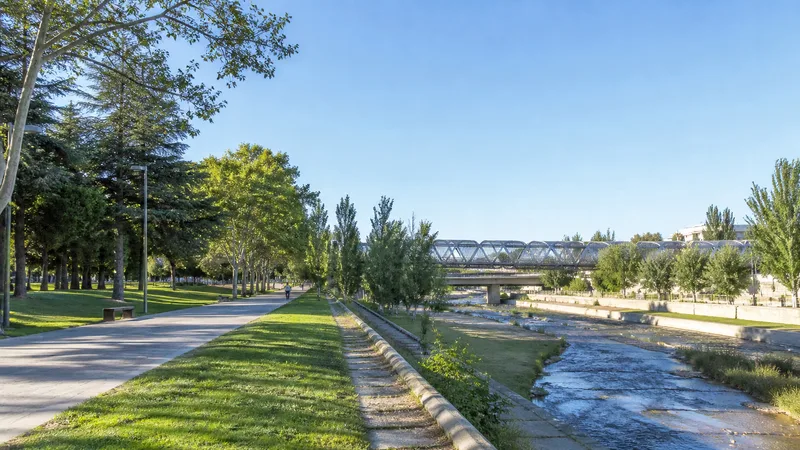 Sendero, vegetación y río Manzanares en Madrid Río