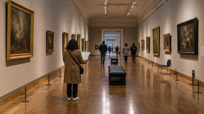 Visitantes contemplando una galería de un gran museo de arte madrileño
