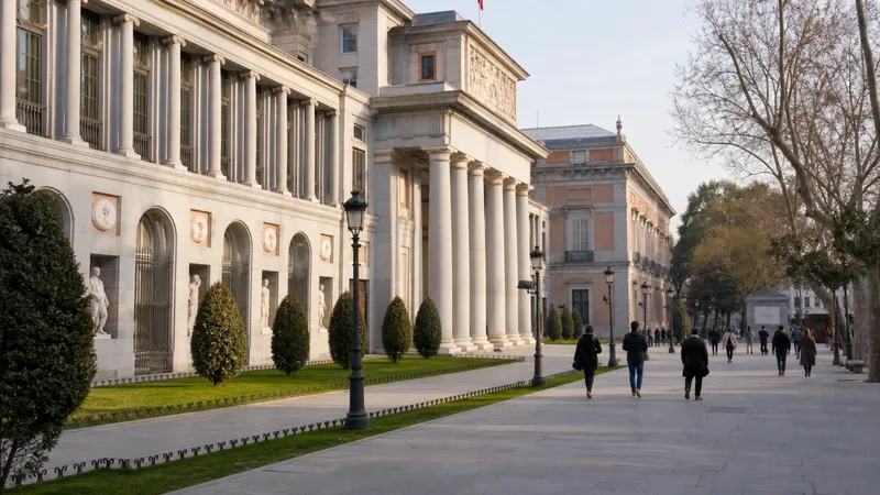Fachada del Museo del Prado y paseo arbolado en una mañana tranquila