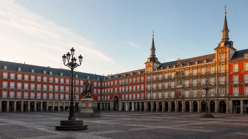 Plaza Mayor de Madrid a primera hora con sus soportales y la Casa de la Panadería