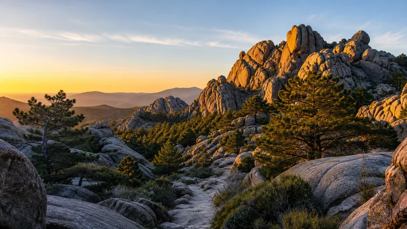 Grandes formaciones graníticas de La Pedriza con un sendero visible y caminantes lejanos