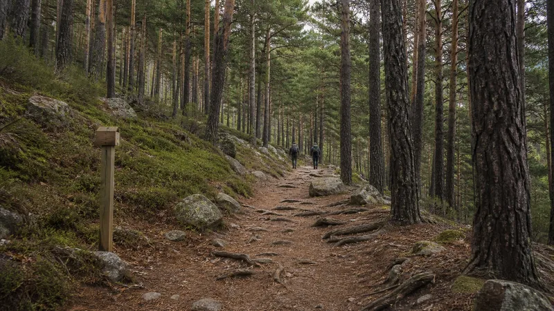 Camino forestal entre pinos con dos senderistas distantes