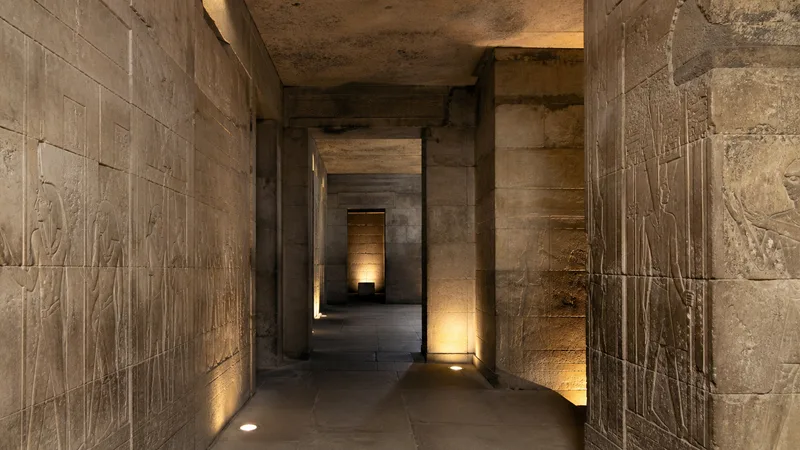 Pequeña cámara de piedra de un templo egipcio con relieves iluminados suavemente