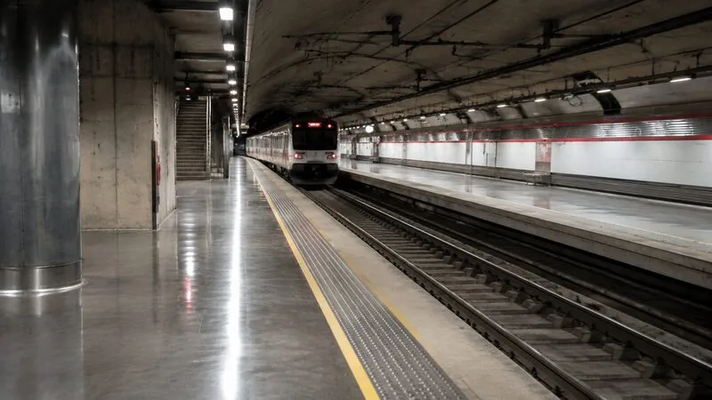 Andén ferroviario subterráneo vacío con un tren detenido al fondo