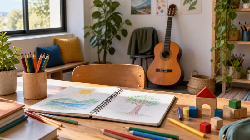 Cuaderno de dibujo, lápices y piezas de madera sobre una mesa, con una guitarra al fondo.