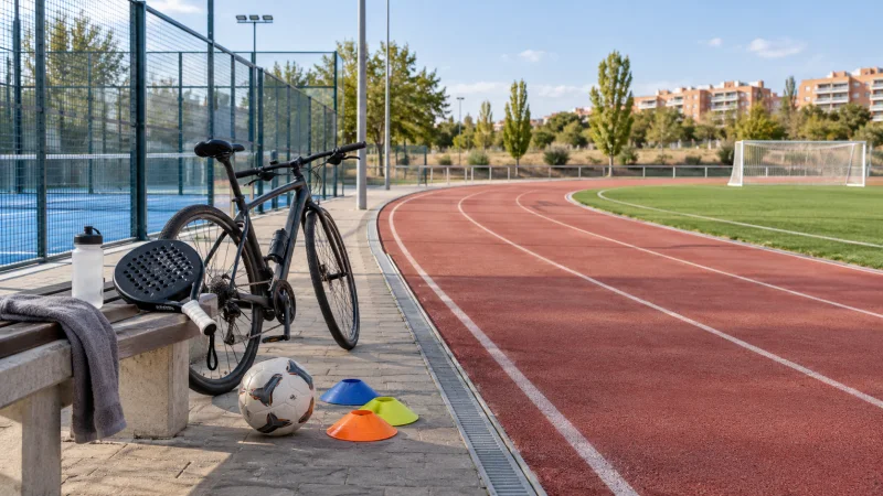 Pista de atletismo con bicicleta, pala de pádel, balón y conos de entrenamiento